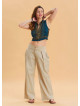 Pleated Bias Cut Buttoned Cream Bohemian Trousers 4465